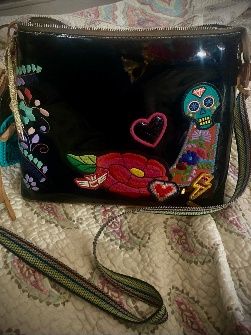 Consuela Black Embroidered Floral & Sugar Skull Crossbody Bag - Picture 1 of 4